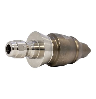 Drain cleaning nozzle for navigating tight spaces with stainless steel skirt (1/4 inch, QR-C)