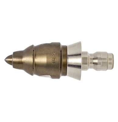 Drain cleaning nozzle for navigating tight spaces with stainless steel skirt (1/4 inch, QR-C)