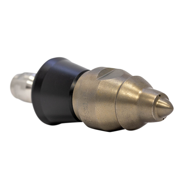 Drain cleaning nozzle for navigating tight spaces with protective skirt (1/4 inch, QR-A)