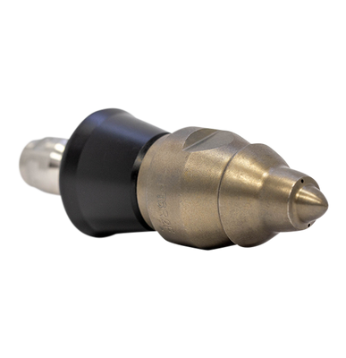 Drain cleaning nozzle for navigating tight spaces with protective skirt (1/4 inch, QR-A)