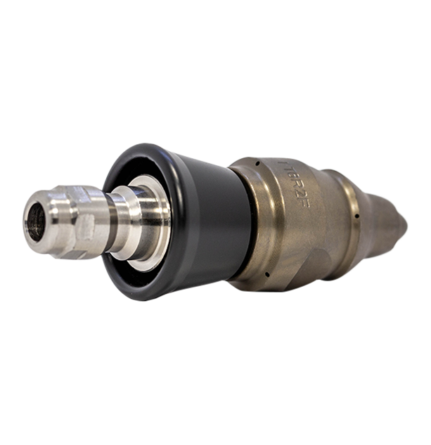 Drain cleaning nozzle for navigating tight spaces with protective skirt (1/4 inch, QR-A)