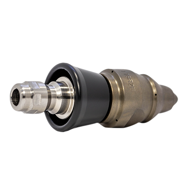 Drain cleaning nozzle for navigating tight spaces with protective skirt (1/4 inch, QR-A)