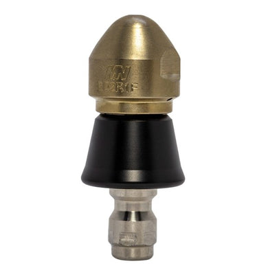 Drain cleaning nozzle for penetrating blockages with protective skirt (1/4 inch, QR-A)