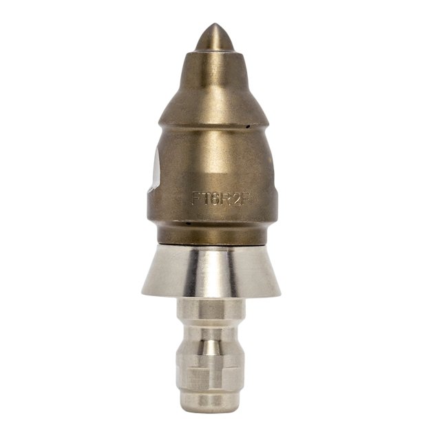 Drain cleaning nozzle for navigating tight spaces with stainless steel skirt (1/4 inch, QR-C)