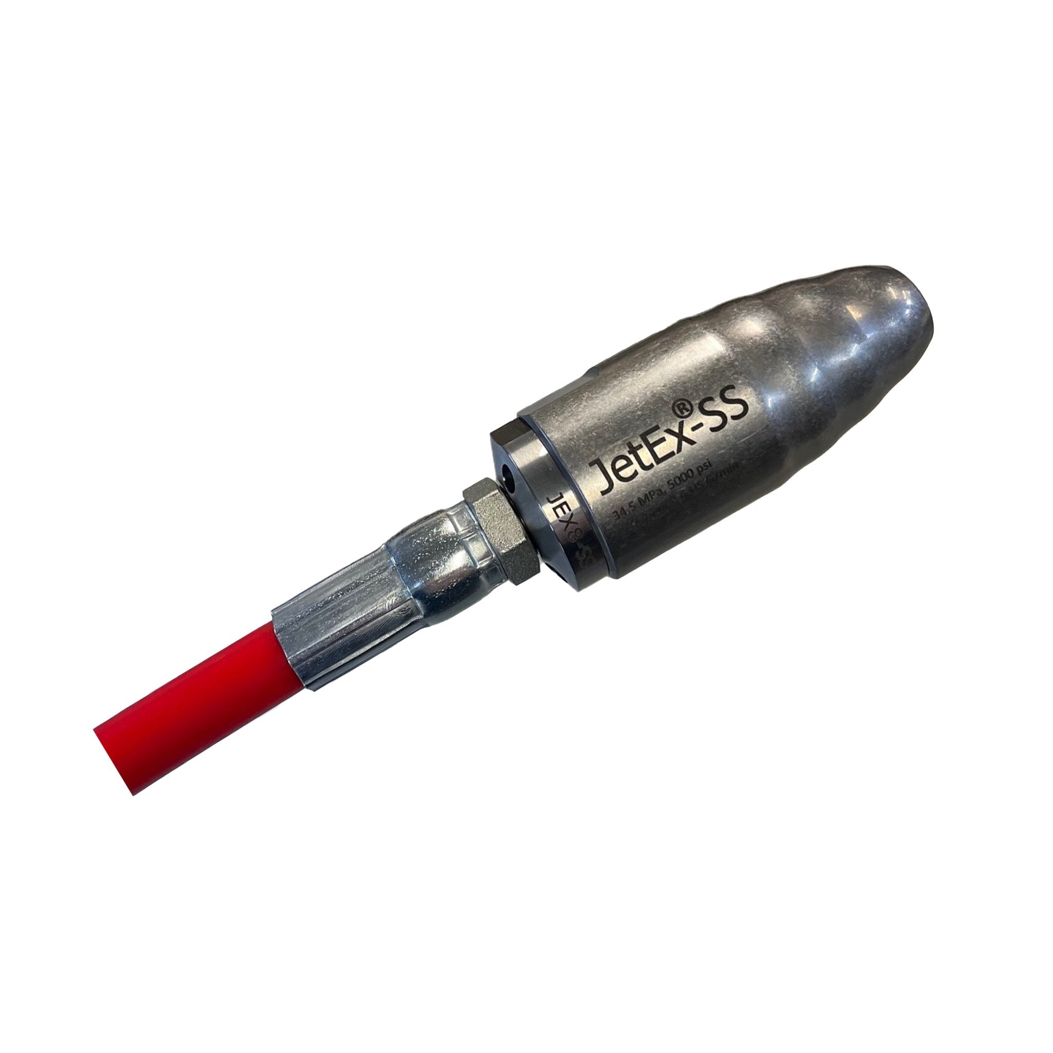 Stainless steel JetEx drain cleaning turbine nozzle, ¼ inch with flexible hose