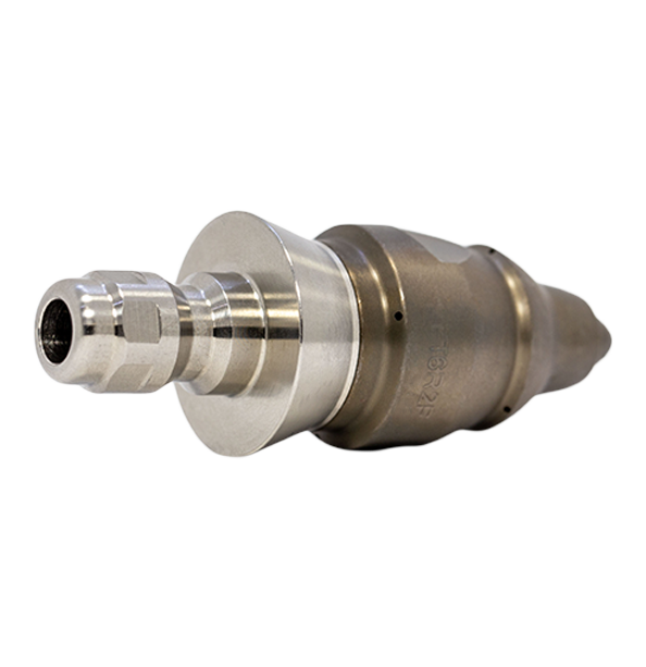 Drain cleaning nozzle for navigating tight spaces with stainless steel skirt (1/4 inch, QR-C)