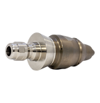 Drain cleaning nozzle for navigating tight spaces with stainless steel skirt (1/4 inch, QR-C)