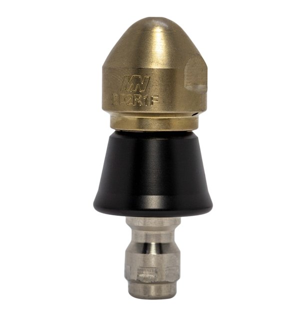 Drain cleaning nozzle for penetrating blockages with protective skirt (1/4 inch, QR-A)