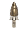 Drain cleaning nozzle for navigating tight spaces with stainless steel skirt (1/4 inch, QR-C)