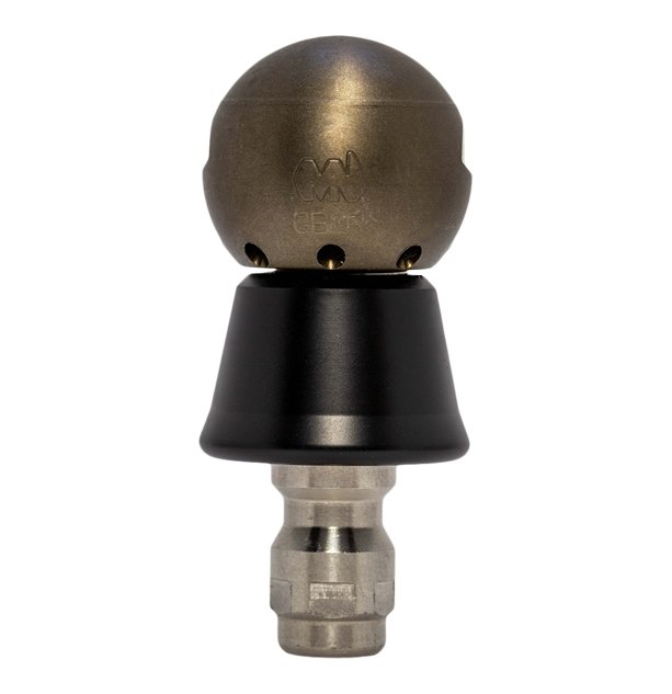 Drain cleaning nozzle with protective PVC skirt for forceful clearing (1/4 inch, QR-B)
